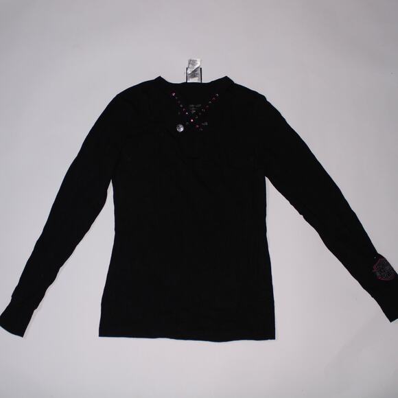 Y2K Harley Davidson Black Long Sleeve Top With Gems And A Skull Charm - Picture 1 of 6